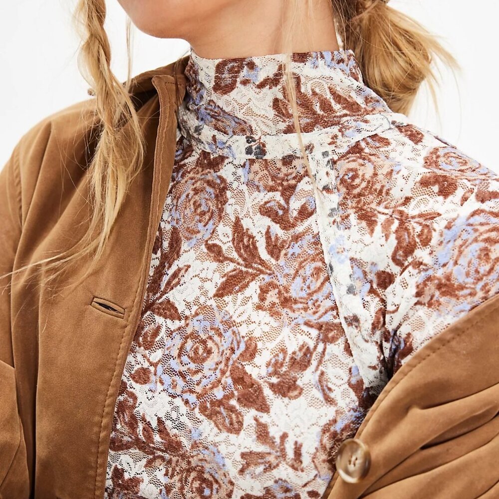 Free People Lyric Lace Mock Neck Top Ivory Combo (Brown & Blue) Sz M